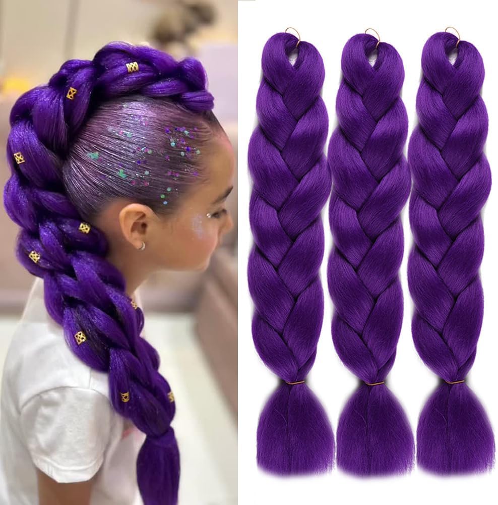 Purple Braiding Hair Extensions Synthetic Jumbo Braiding Hair Crochet Braids 24 Inch 3 Pack High Temperature Twist Boxes Braids Hair Hot Water Setting Yaki Straight Hair Extension