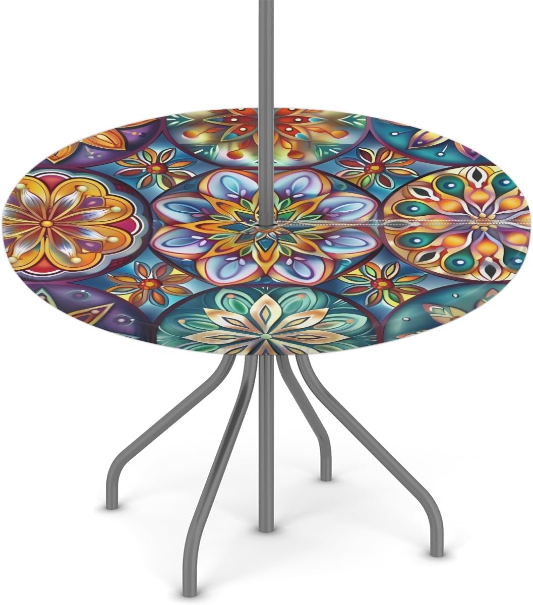 OSAM SPACE Outdoor Tablecloth with Umbrella Hole, Round Elastic Fitted Table Cloth with Invisible Zipper,Dark Colorful Mandala Flower Picnic Patio Table Cover 45-56in
