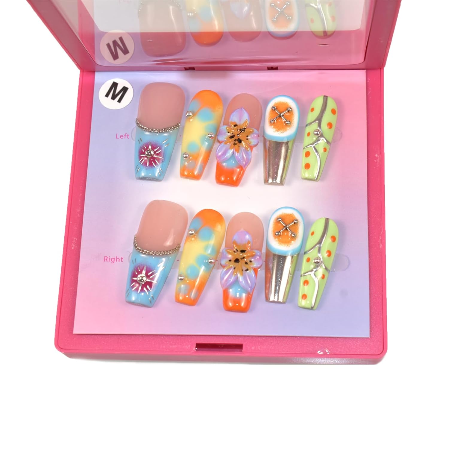 Handmade Nails 10Pcs Manual Hand-Painted Press on Nails with Hand Carved Flowers and Charms Long Coffin for Women DIY Manicure Decorations, Size M