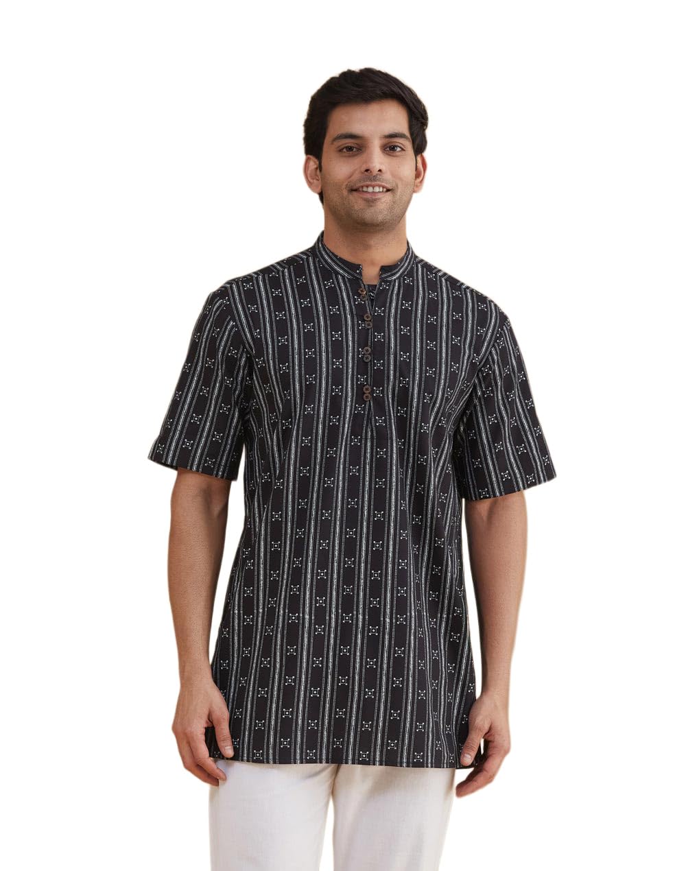Fabnu Men Cotton Black Printed Mandarin Collar Half Sleeves Everyday Comfort Fit Kurta-image-25