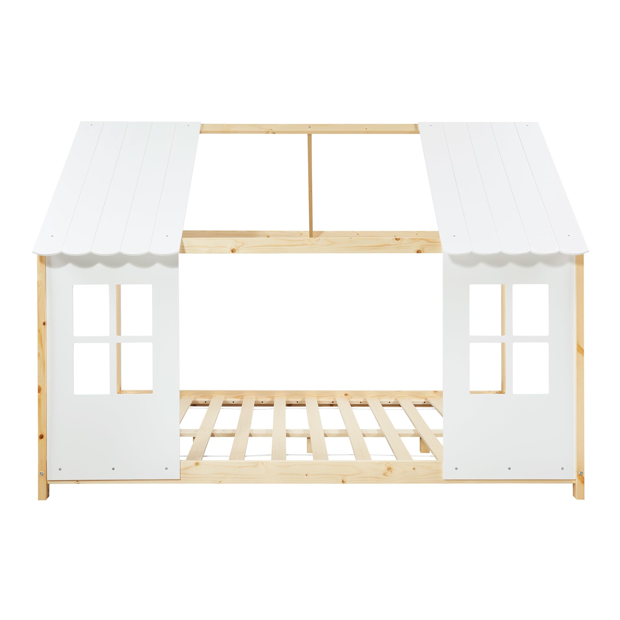 [en.casa] Kinderbett Tostedt Hausbett Jugendbett Bettenhaus Halboffenes Design Montessori Bett aus massiver Kiefer Bettgestell Holz 140x200cm Holz/Weiß