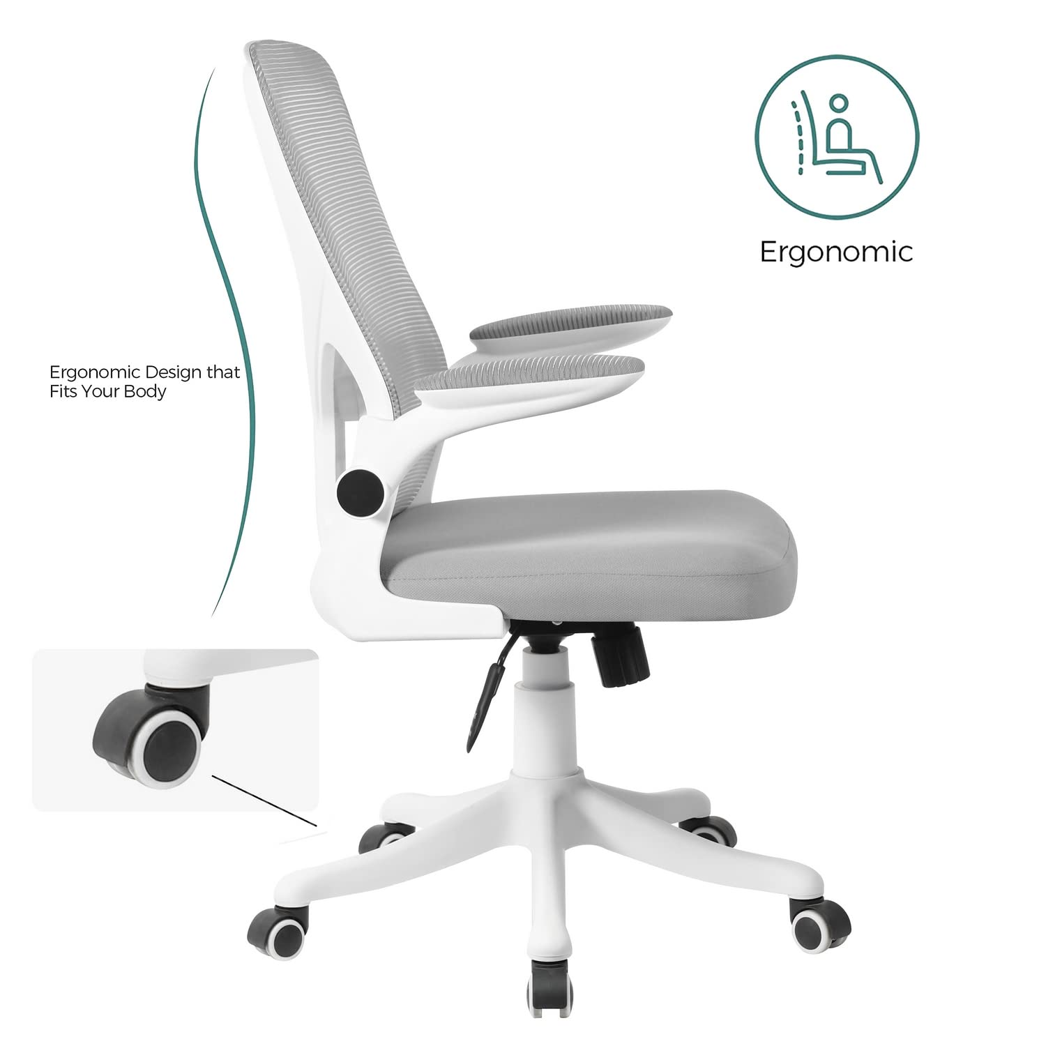 Brigros WeHome - Sedia da Ufficio Ergonomica Vivi in Rete Traspirante con Supporto Lombare, Girevole e Regolabile in Altezza con Braccioli Inclinabili, Base con Ruote, Grigio