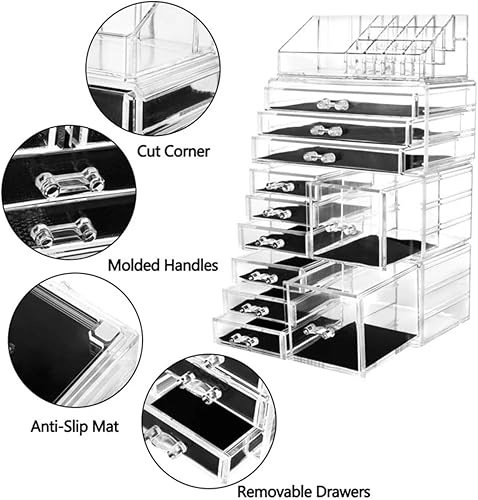 Miniatura 4 de Paquete de 4 organizadores de maquillaje de acrílico con 11 cajones, organizador de cosméticos transparente y apilable para lápiz labial, joyas y