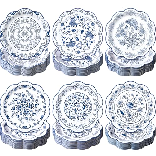 Image of Funnymoom 60 Pcs 7 Inch Blue Floral Plate Blue White Chinoiserie Scalloped Paper Plate for Dessert Porcelain Disposable Party Decor Tableware, Vintage Birthday Wedding Bridal Shower Tea Party Supplies