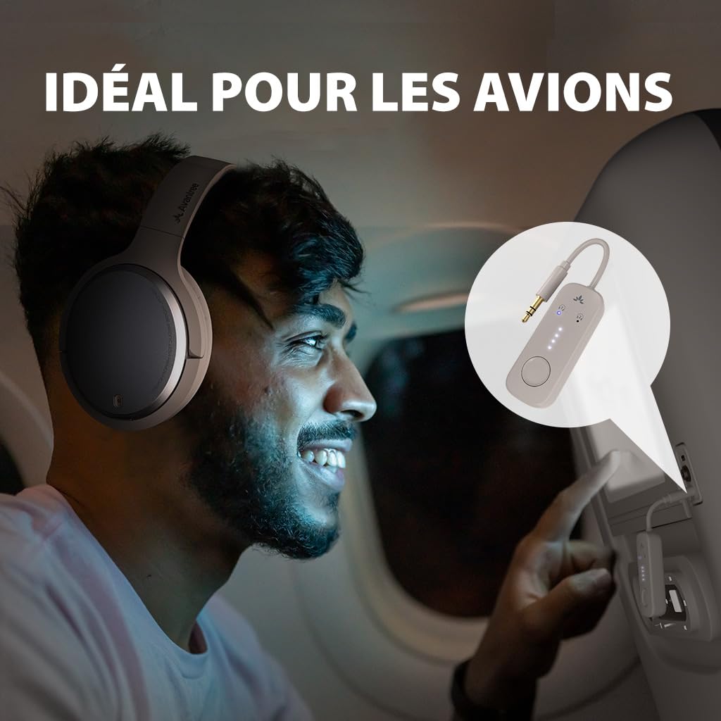 Avantalk Sky Eon - Casque Bluetooth pour Avion, Ecouteur Antibruit pour Voyage en Téléphone Portable avec Adaptateur sans Fil, ANC et Mode Ambiant, Oreillettes Spacieuses et Confortables
