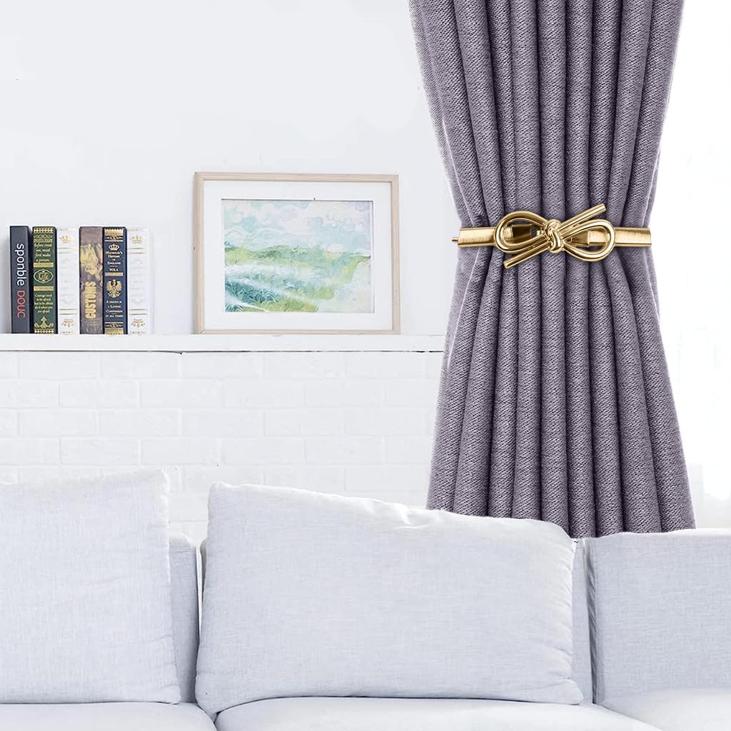 2Pcs Bow Curtain Tiebacks Adjustable Curtain Holdbacks Decor (Gold Bow)