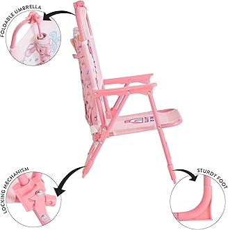 Idea Nuova Sanrio Hello Kitty Kids Outdoor Folding Beach Chair with Umbrella,Portable Camp Chair for Ages 3+, Lightweight & Compact for Beach, Camping, and Backyard