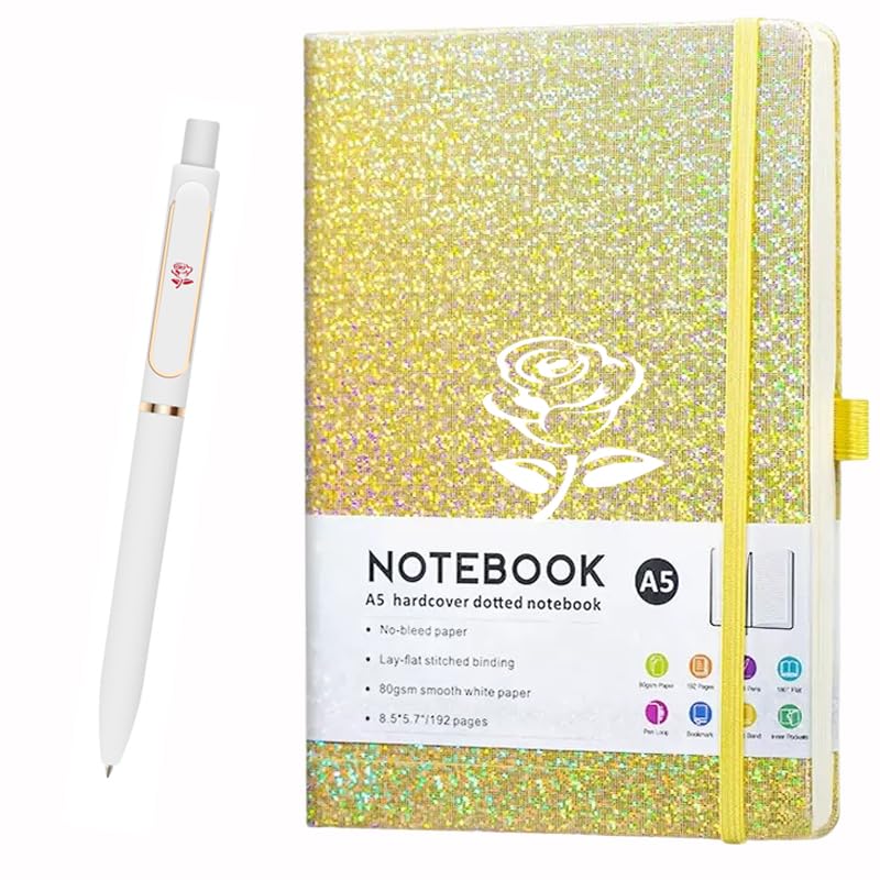 ZTUOK Glitter Laser A5 Notebook with Pen, Lined Journal A5 Notepad for Girls Women,Bling Diary with Rose Flower-Shaped College Ruled Hardcover Notebook for Work School, Note Taking, Business (Yellow)