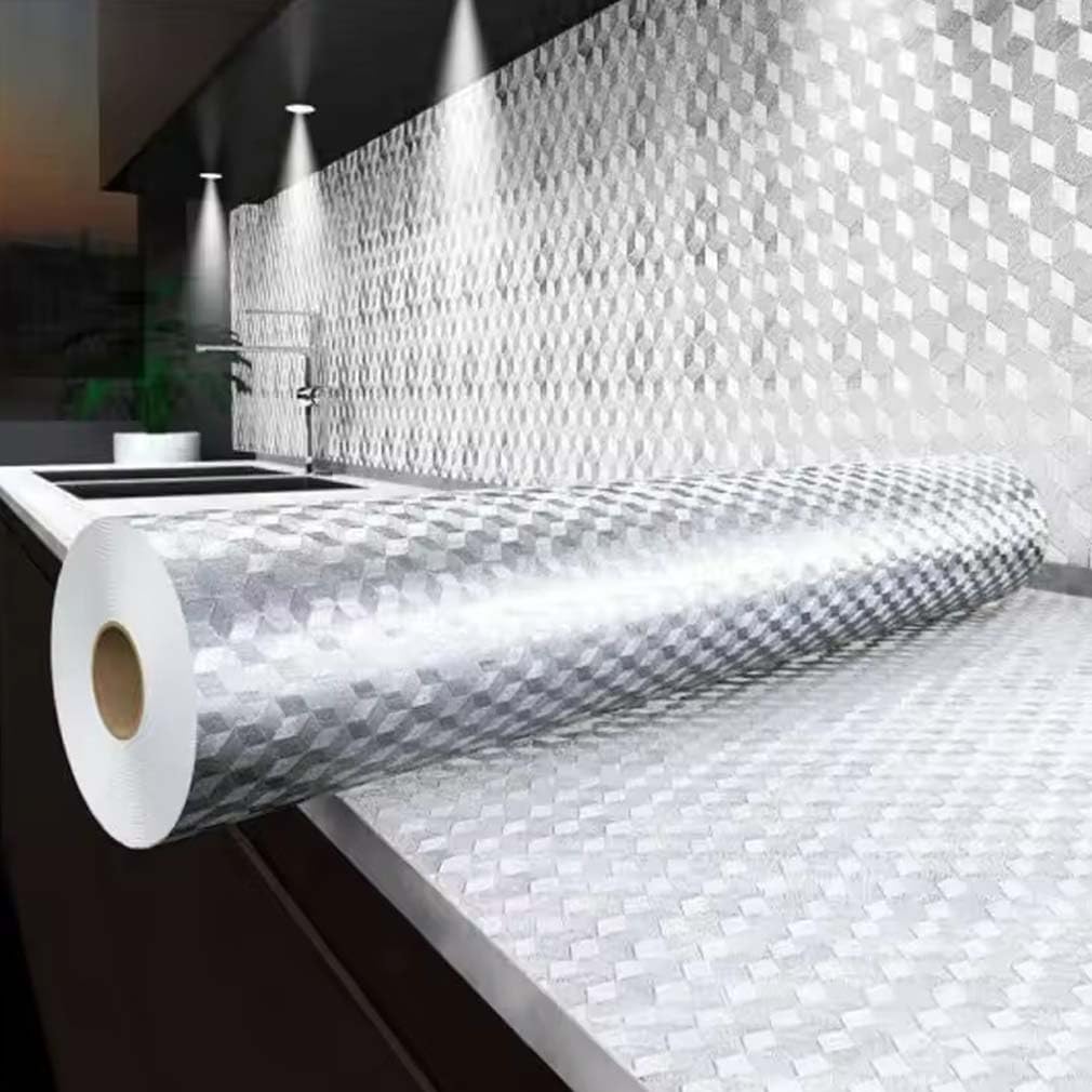 LUCKKY Stainless Steel Kitchen Oil-Proof Adhesive Wallpaper Roll, 5M Waterproof Self-Adhesive Aluminum Foil Contact Paper for Countertops, Cabinets & Backsplash, Heat Resistant, Easy Clean