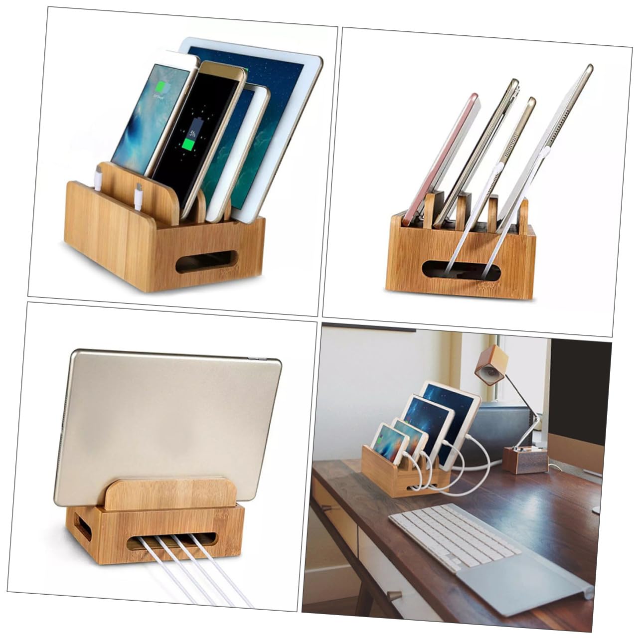 Homoyoyo Supporto per Telefono e Tablet in Legno con Stazione di Ricarica USB Multi-dispositivo, Organizzatore da Tavolo con Scomparti per Gestione Cavi, per Scrivania Ordinata