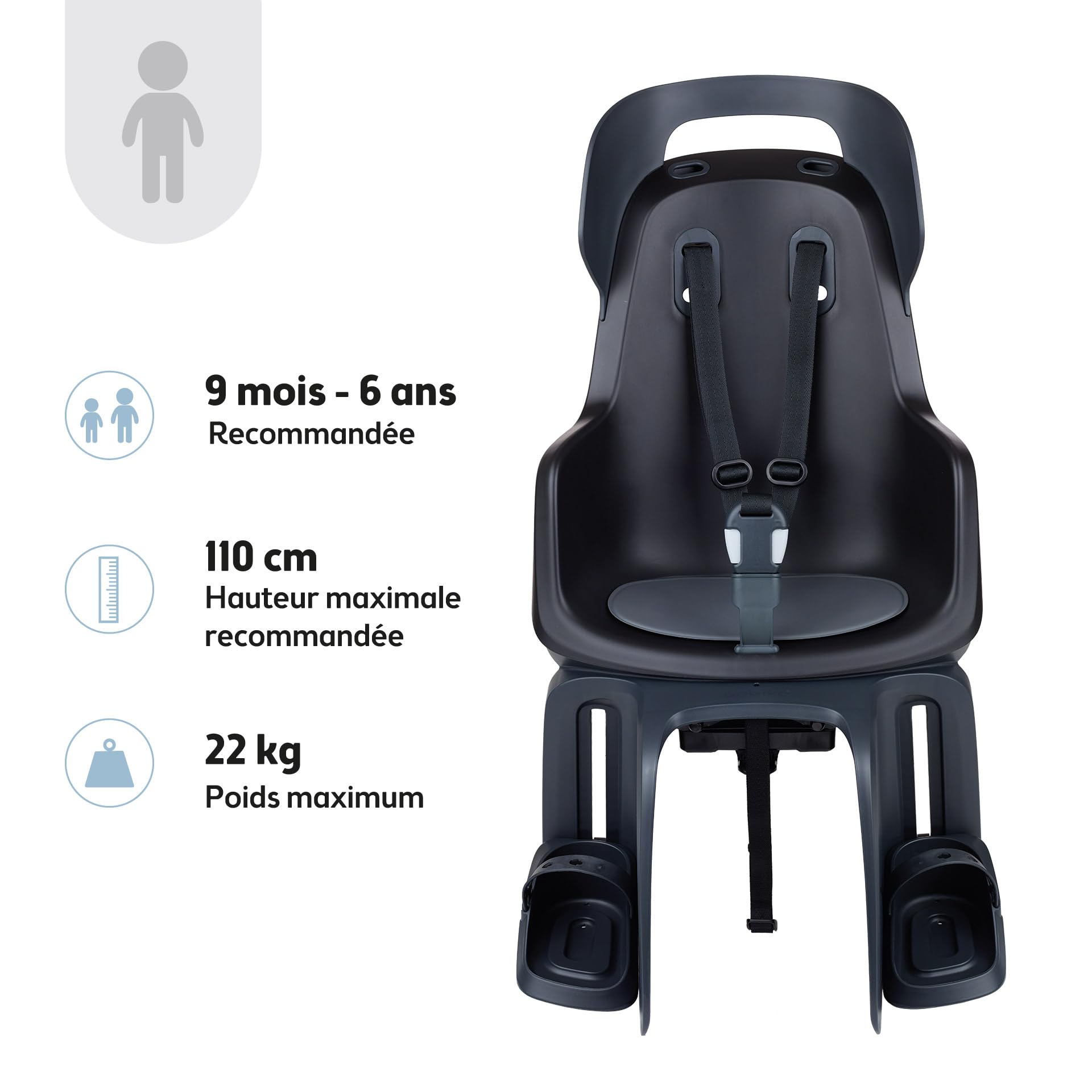 BOBIKE 8011500001 - Siège arrière GO MAXI AVS+, monté sur un porte-bagages AVS+ pour vélos, adapté aux enfants avec un poids maximal de 22 kg, couleur Urban Noir