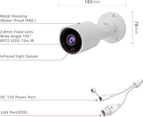 Miniatura 5 de Cámara bala IP PoE de 5MP para exteriores, cámara de seguridad IP PoE H.265 con lente de 0.110 in, visión nocturna de 80 pies, gran angular de 105,