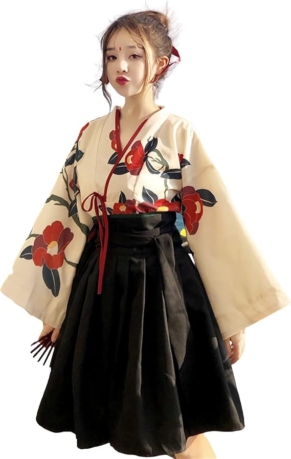 Amazon Co Jp Bgersal 大正ロマン 袴 和服 着物 和装 ドレス ロング ショート 花柄 ロリィタ服 大きいサイズ ブラック 赤 ゴスロリ コスプレ 大人用 衣装 浴衣 レトロ 椿柄 長袖 プリント トップス スカート 2点セット 漢服 ホビー