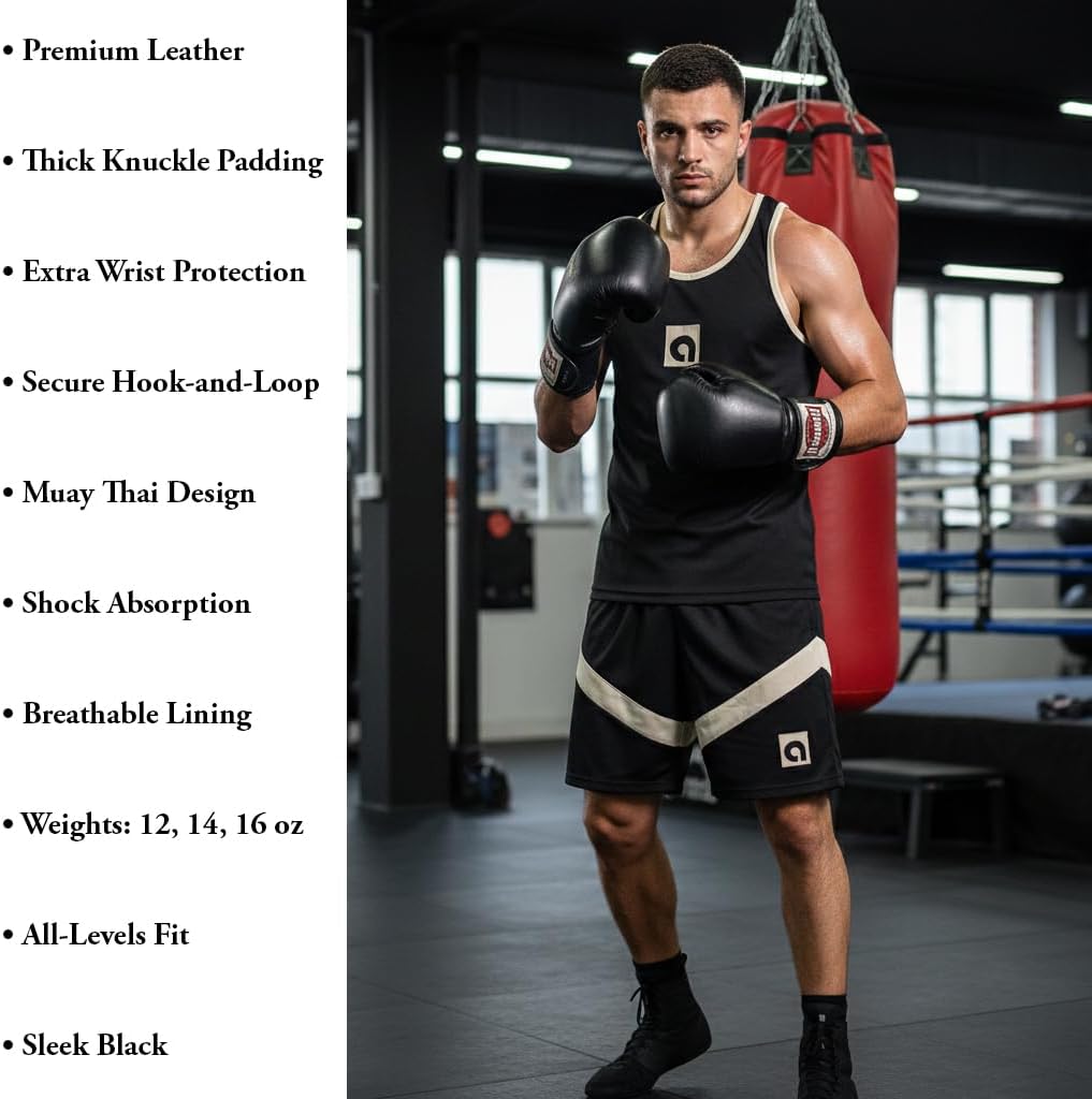 Professional Muay Thai Training Gloves with Hook & Loop Closure, Durable Leather Kickboxing Gloves for Training, Sparring, and Intense Workouts