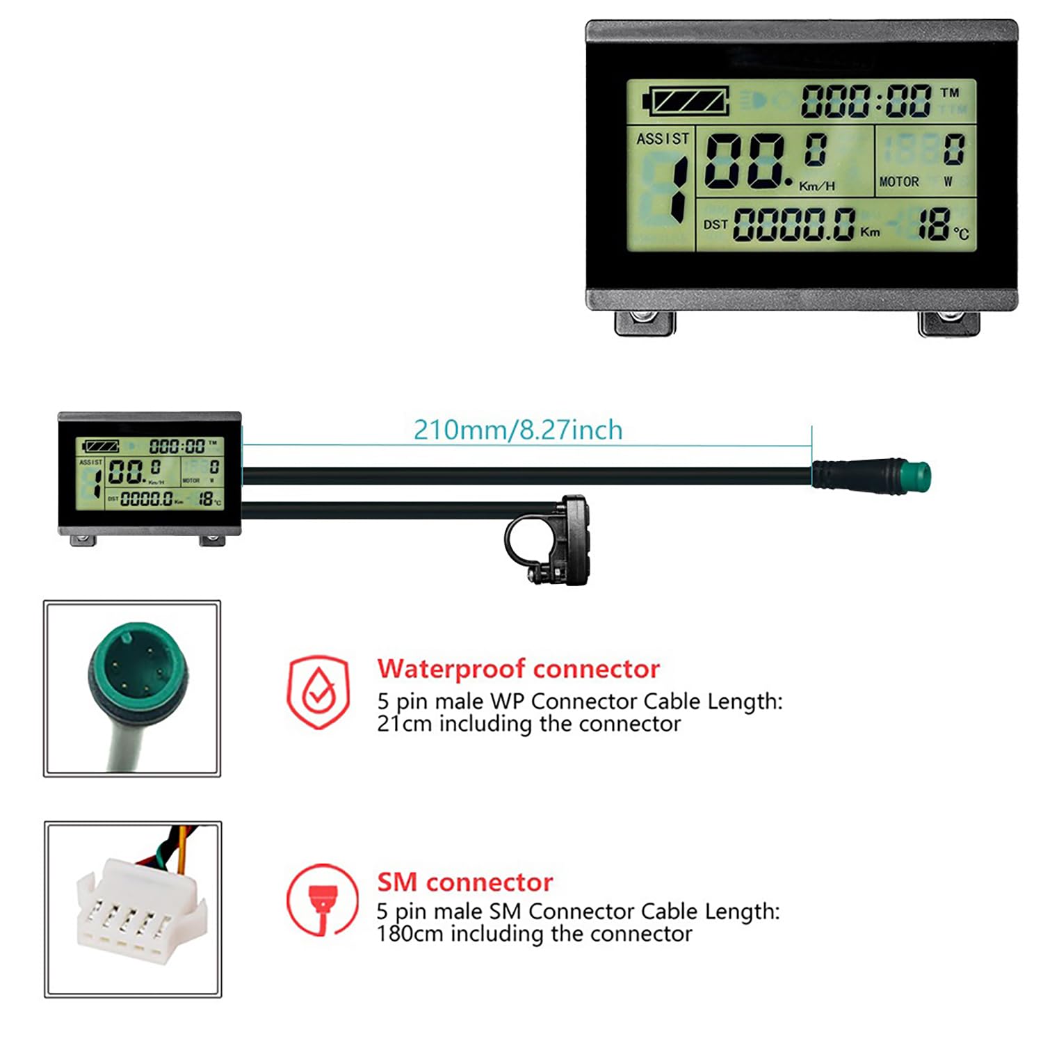 SNHMFUH 24V 36V 48V E-Bike Computer KT LCD-3 Display Control Panel Electric Bicycle LCD Display Riding Status Display E-Bike Conversion Accessories for KT Controller,Black