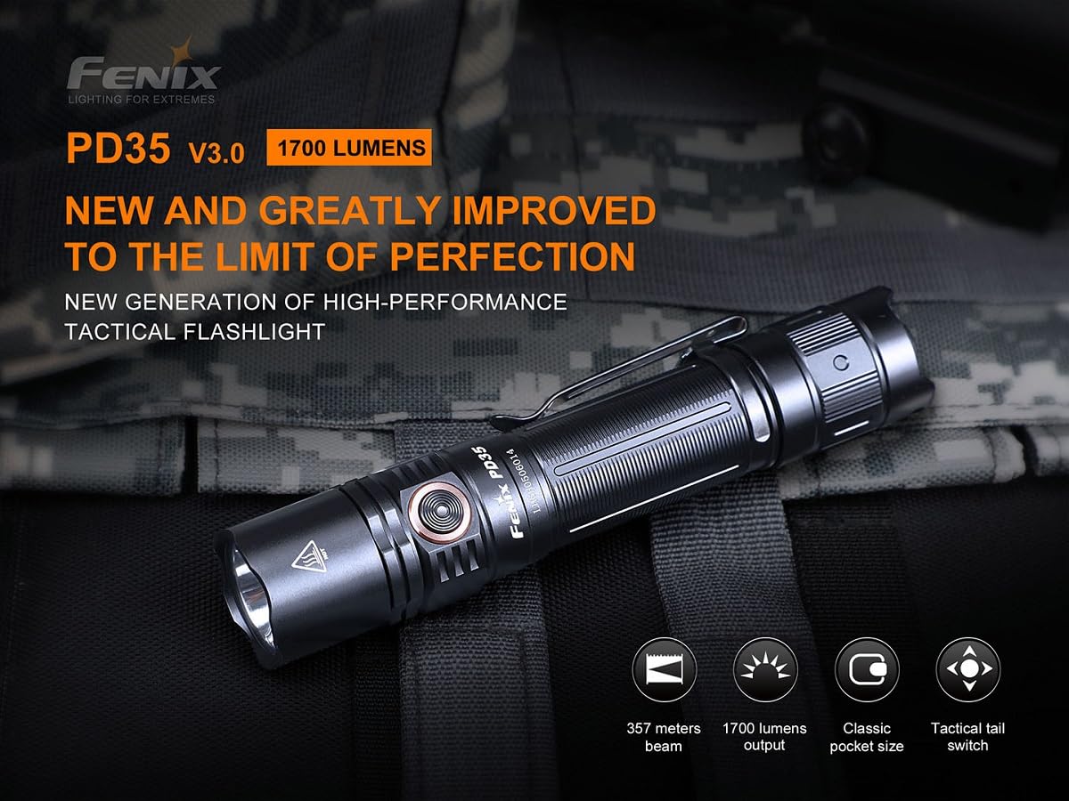 Fenix PD35 V3.0 LED-Taschenlampe, Taktische Kleine Gerade Taschenlampe, 1700 Lumen, 357m Leuchtweite, 230 Stunden Leuchtdauer, 5 Helligkeitsstufen und Strobe, IP68 Schutz, schwarz, Multi-Szenarien