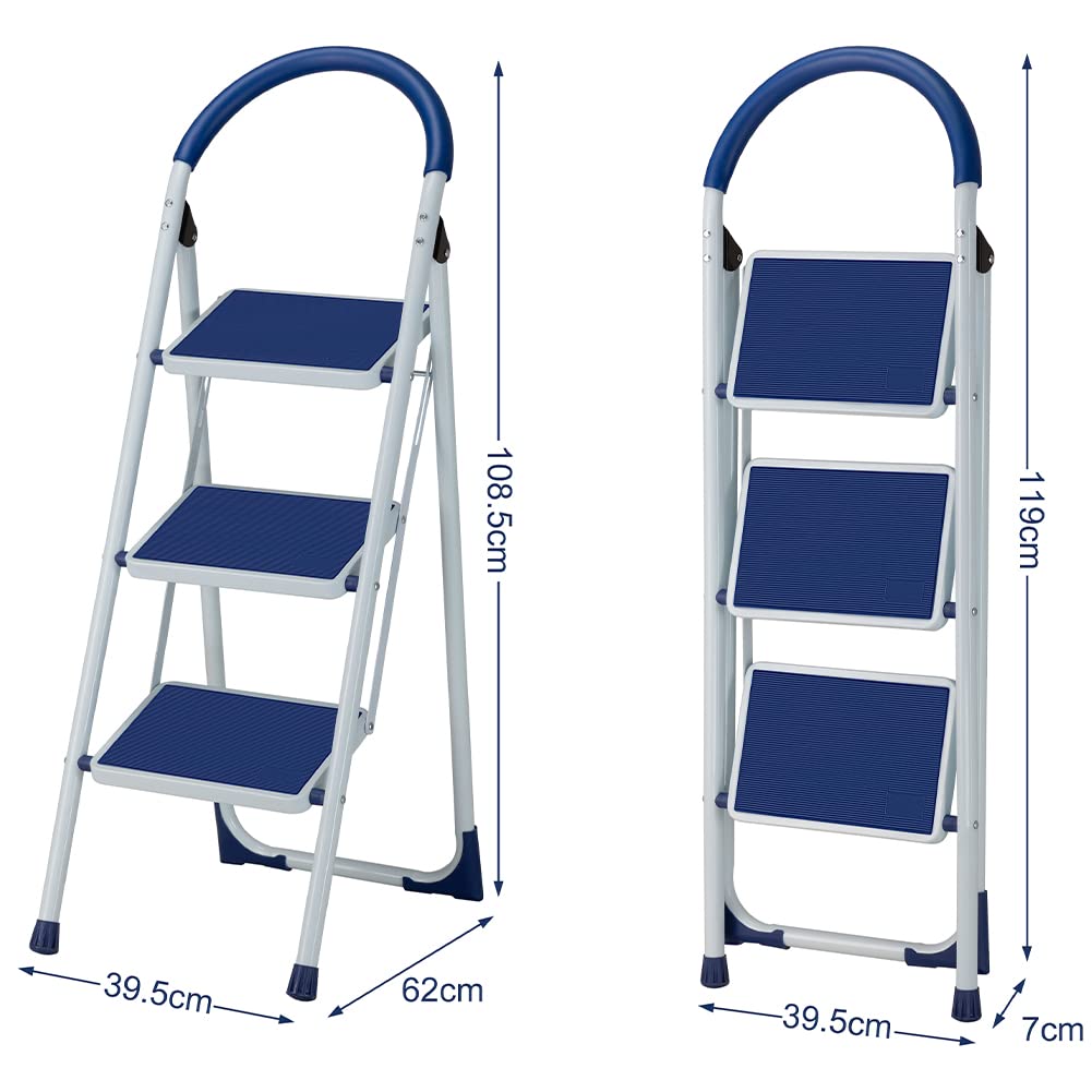 Bakaji Escalera plegable para ahorrar espacio con escalones antideslizantes y asa de seguridad, taburete escalera, estructura acero y revestimiento de goma, capacidad máx 150 kg (3 peldaños azules)