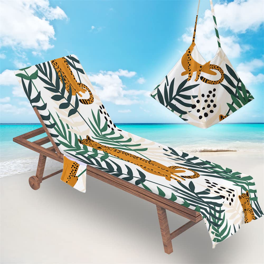 RRrawgff Beach Chair Cover Towel Classic Argyle Diamond Check Beach Towel Lounger Bags with Pockets, Fitted Microfiber Sunbed Towels Summer Outdoor Sun Lounger Towels (73x210cm,Palm Leaf)