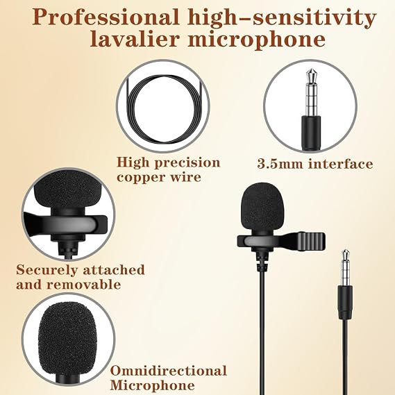 Professional Lavalier Lapel Microphone with 3.5mm TRS Jack – Clip On Omnidirectional Condenser Mic for Cameras, Voice Amplifiers, Filmmaking, Teaching, Presentations & Live Recording