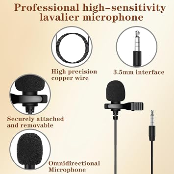 Professional Lavalier Lapel Microphone with 3.5mm TRS Jack – Clip On Omnidirectional Condenser Mic for Cameras, Voice Amplifiers, Filmmaking, Teaching, Presentations & Live Recording