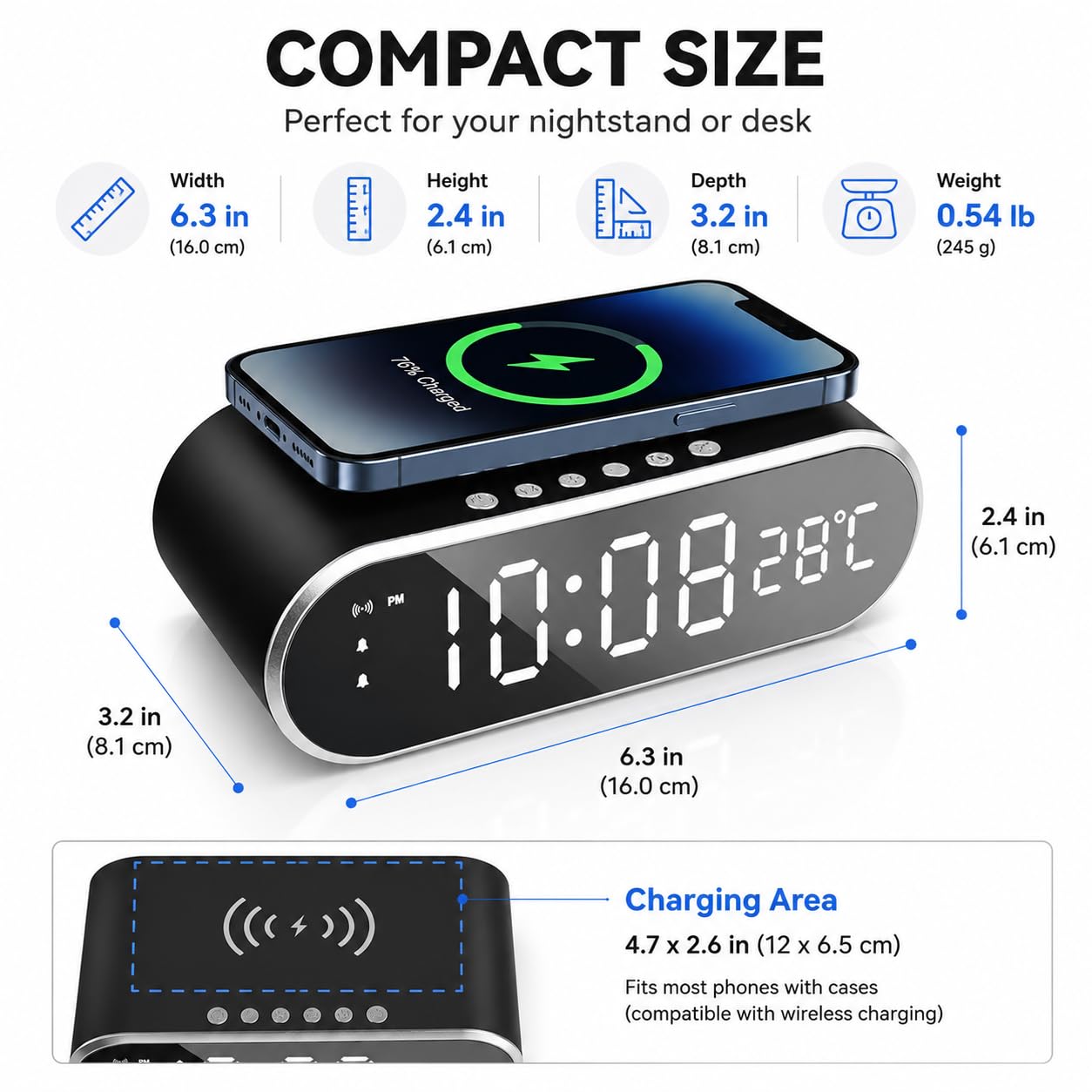 Sveglia per camere da letto con caricabatterie per telefono, piccolo orologio digitale da tavolo con visualizzazione della temperatura, sveglia con stazione di ricarica wireless, sveglia carina con
