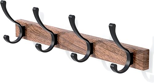 Perchero de madera de nogal negro de 17 pulgadas con 4 ganchos dobles negros, ganchos de entrada montados con adhesivo, modernas clavijas de madera