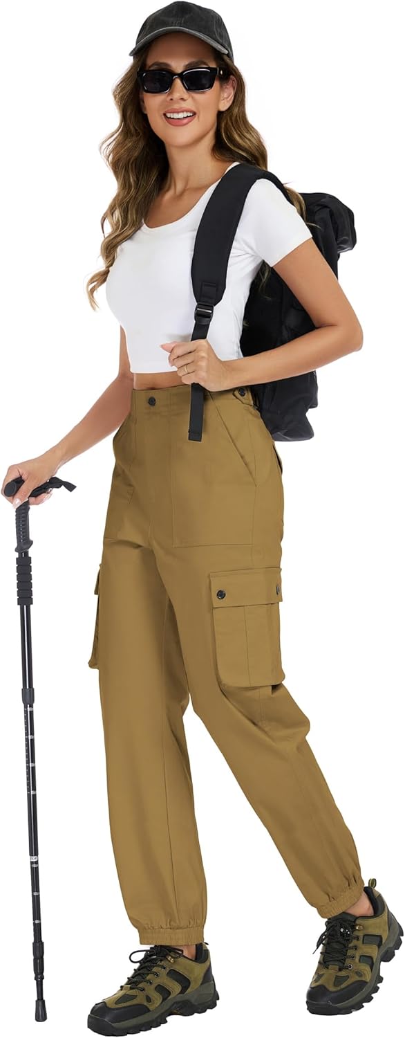 Women's Cotton Cargo Pants High Waist Adjustable Outdoor Hiking Pants with Pockets Stretch Travel Work Casual Pants - Image 7