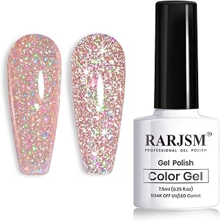 RARJSM Reflective Glitter Gel Polish Rose Gold Disco Shimmer Sparkling Glitter Iridescent Sparkly Shiny Gel Polish Holographic Gelpolish Soak off U V/L E D Nail Art Varnish for Salon DIY at Home
