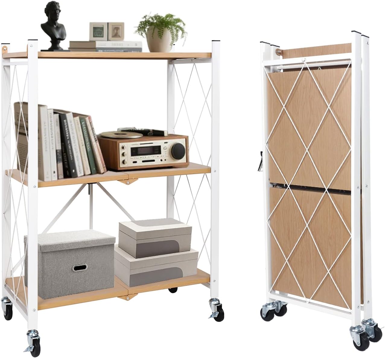 baoyouni 3-tier vintage industrial bookshelf - no assembly folding storage shelf with woodgrain finish | collapsible metal bookcase for living room, office & bedroom light brown 3 tier