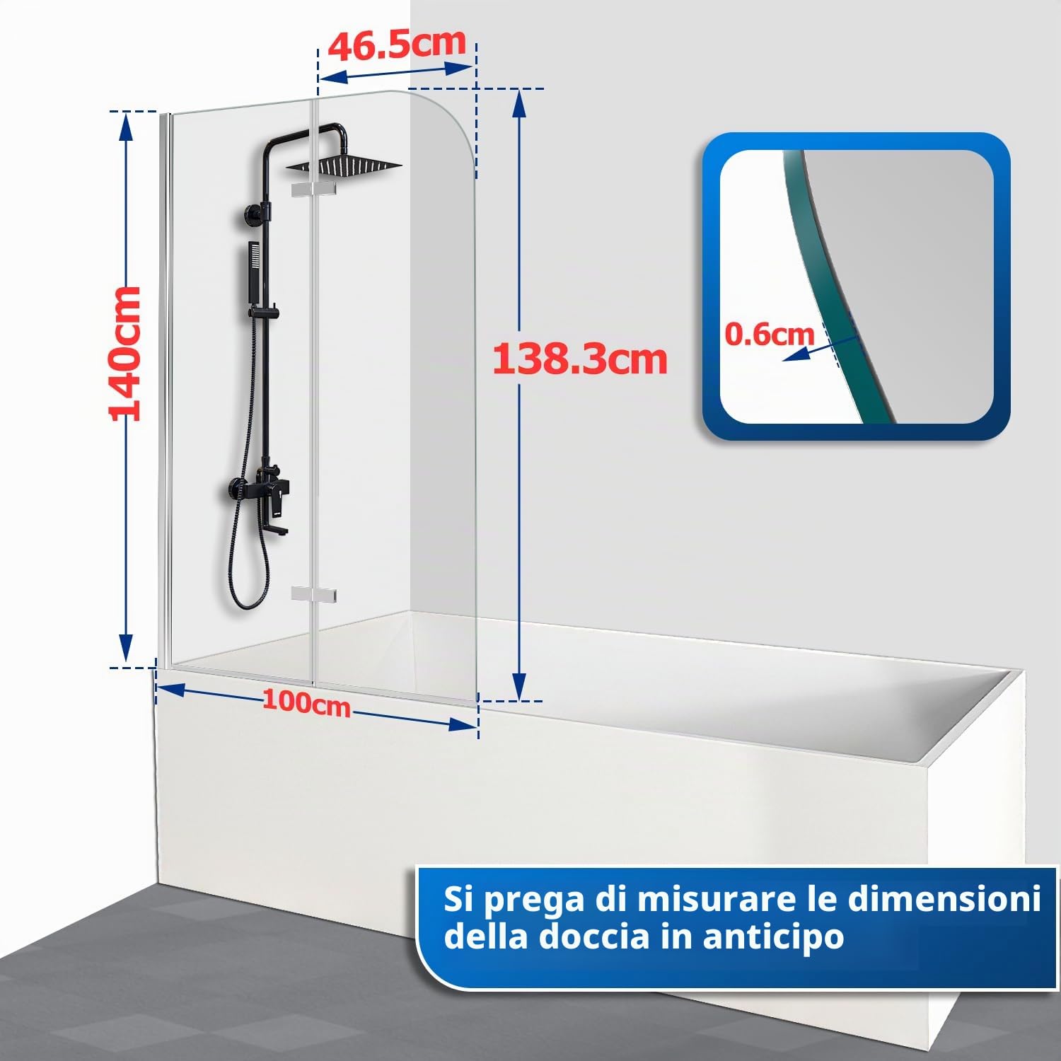 Parete divisoria per doccia per vasca da bagno, 100x140 cm 2-pezzi Pieghevole Sopravasca per vasca da bagno, con vetro di sicurezza ESG da 6 mm, parete vasca da bagno trasparente argento