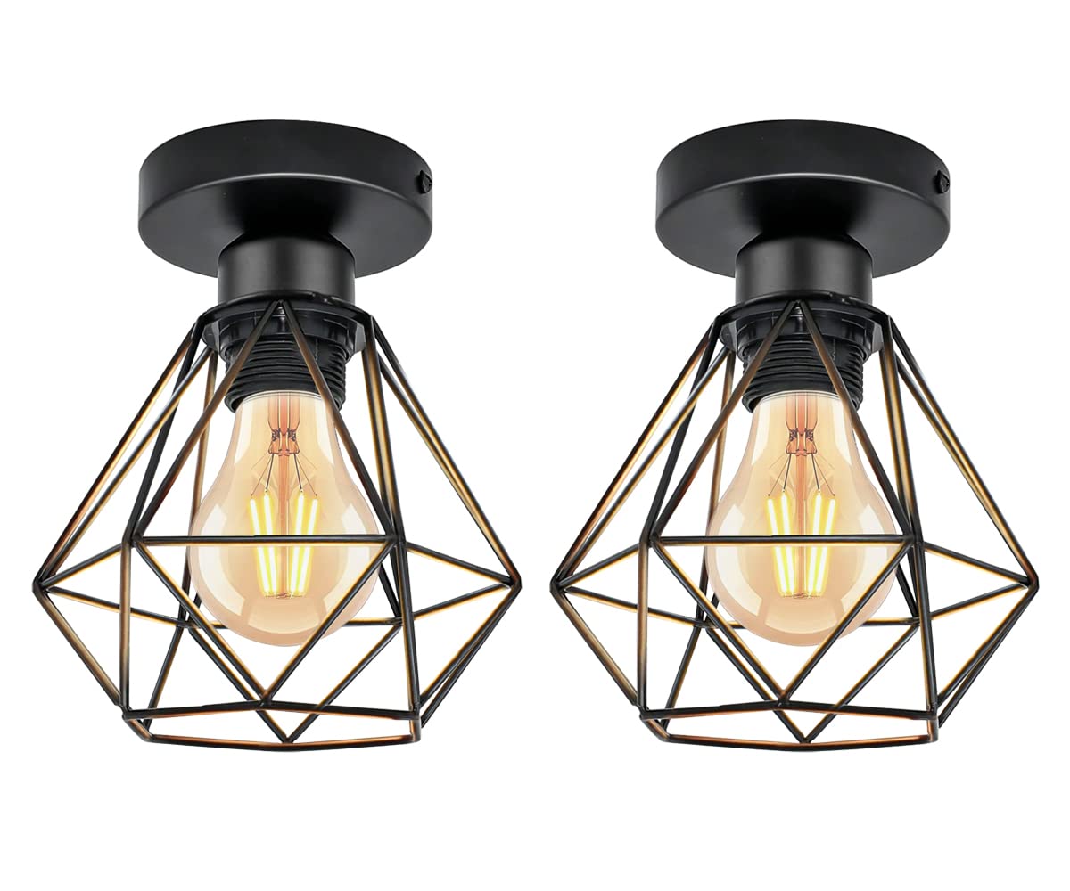 URing Lámparas de Techo Lámparas Colgante Vintage, Industrial Metal Iluminación de Techo E27 en Estilo Jaula Geométrica Para Sala de Estar, Cocina, Dormitorio, Pasillo, Patio, Ø 16cm, Negro, 2 Piezas