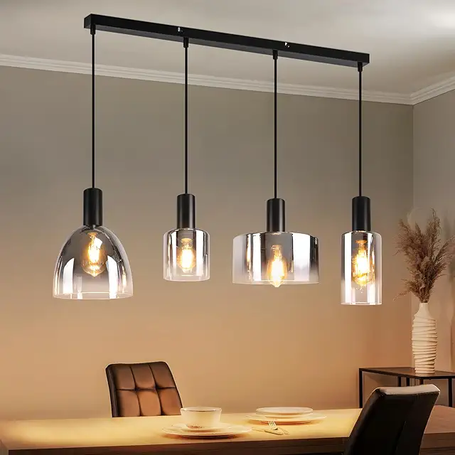 CBJKTX Vintage Pendelleuchte 4-Flammig - Höhenverstellbare Esstischlampe mit Glas