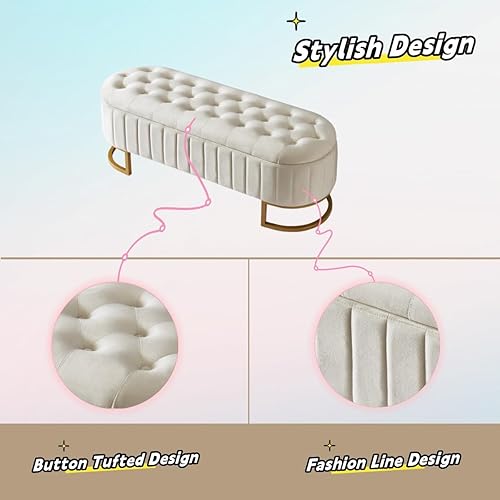 Miniatura 5 de Polibi Elegante otomana tapizada de terciopelo con botones, banco de almacenamiento con patas de metal para dormitorio, sala de estar, entrada,