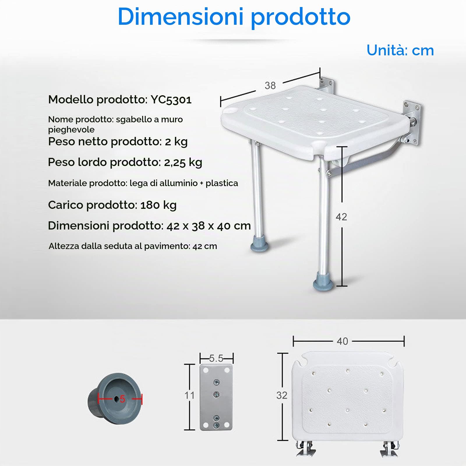 Seggiolino Per Doccia Da Muro,sgabello Da Bagno Antiscivolo Per Anziani, Donne In Gravidanza, Carico Massimo 200 Kg,Doccia Sedile Sgabello Montaggio A Parete Con Gambe Ausili Per Il Bagno