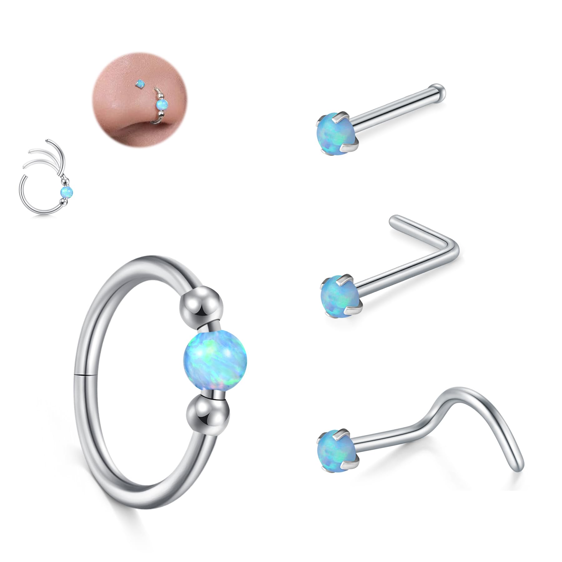 JFORYOU 20G Nose Studs Nose Rings Hoop Surgical Steel CZ Opal Nose Rings Piercings Hoop Jewelry Various Style and Color