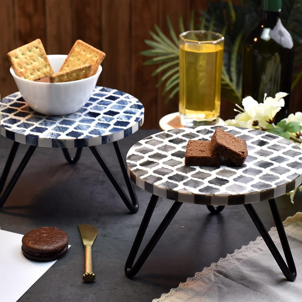 Indian Shelf Wedding Cake Stand | Wood Cake Display Stand | Moroccan Motifs Reusable Fruit Dessert Cheese Serving Stand [Grey and Blue, 2 Pack]