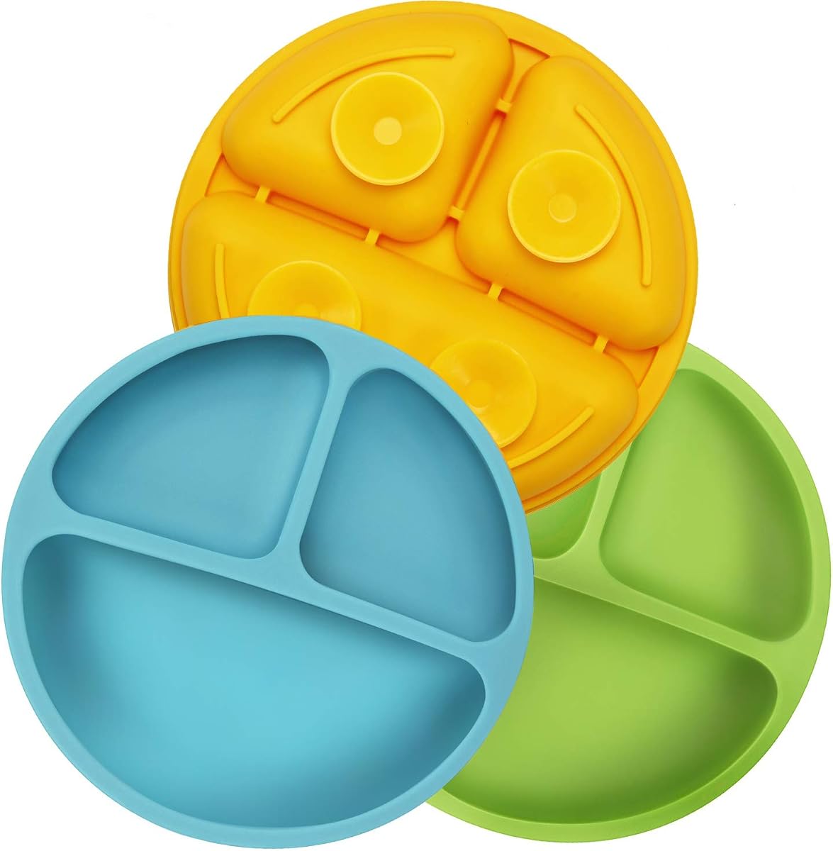 3 Pack Toddler Plates, Silicone Divided Suction Plate for Babies, BPA-Free 100% Food-Grade Silicone Unbreakable Baby Plate (Blue/Green/Yellow)