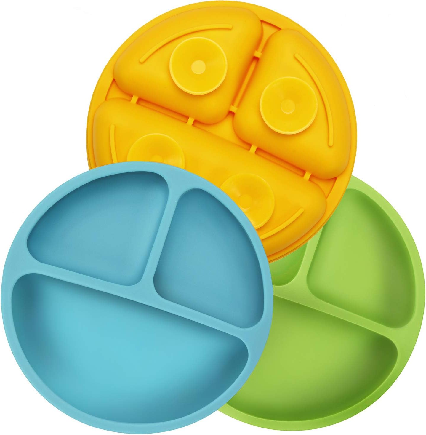 PandaEar Divided Unbreakable Silicone Baby and Toddler Plates - 3 Pack - Non-Slip - Dishwasher and Microwave Safe - Silicone (Suction Blue Green Yellow)