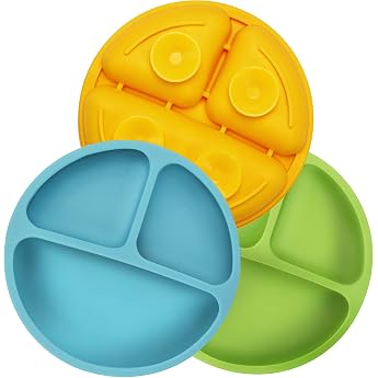 PandaEar Silicone Baby Plate Non-Slip Children's Placemat with Suction Cups - Split Stable Baby Plates Toddler Plates - BPA-Free - Pack of 3 - Microwave Safe - Blue Green Yellow