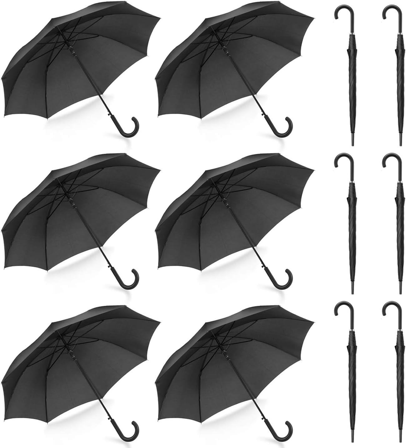 Liberty Imports Pack of 12 Parties Events Stick Umbrellas 46" Large Canopy Windproof Auto Open J Hook Handle in Bulk (Matte Black)