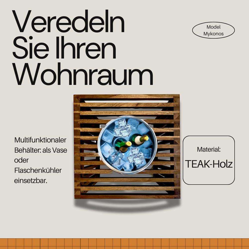 Beistelltisch Mykonos mit Kühlfunktion & herausnehmbarem Edelstahl-Getränkekühler | Outdoor Loungetisch aus Teakholz | wetterfest für Garten, Terrasse & Balkon | 40x40x40 cm Braun