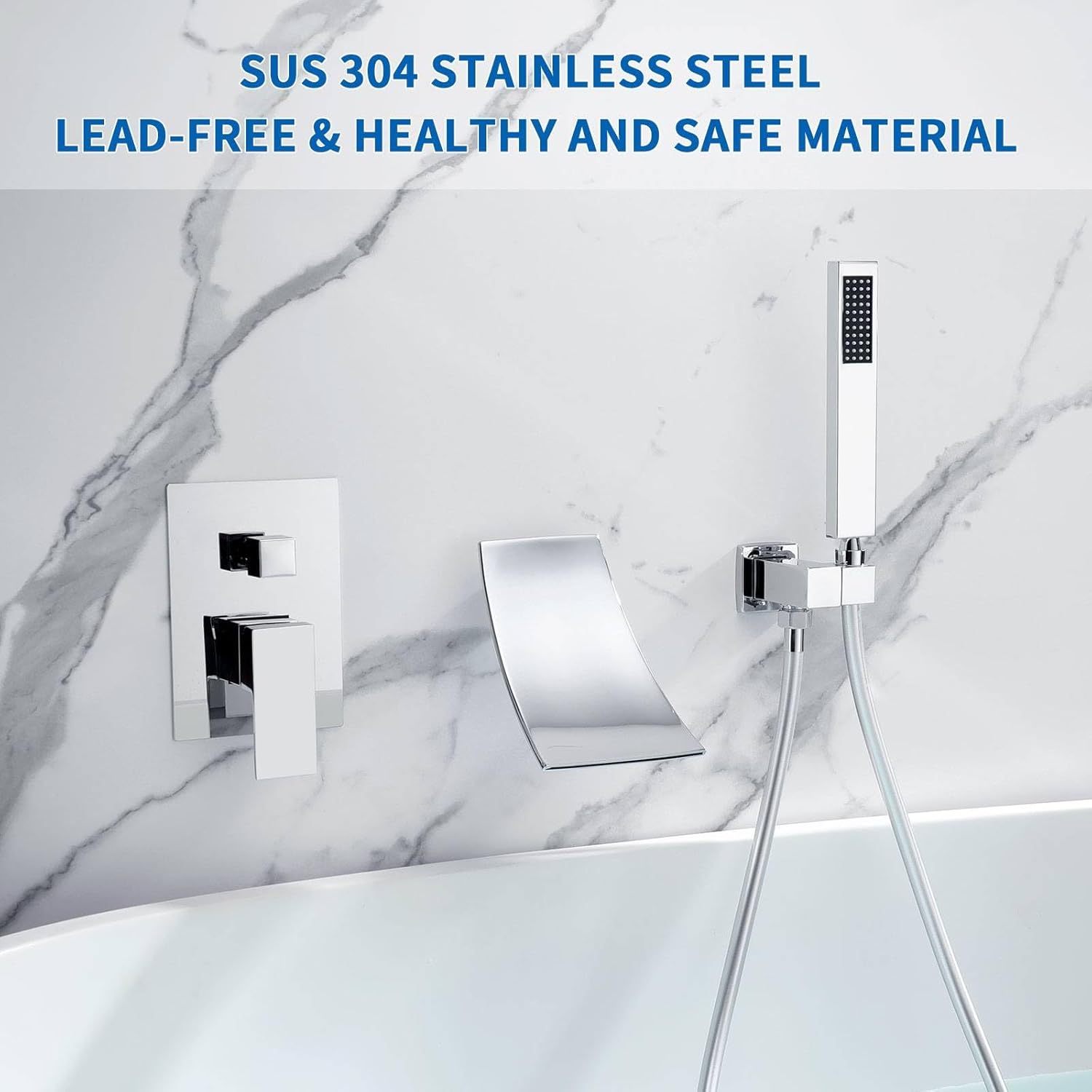 Waterfall Bathtub Faucet Wall Mounted with Handheld Shower Chrome, Tub Filler with Waterfall Tub Spout, Single Handle Tub Faucet Shower Faucet Set with Rough-In Valve，High Flow Shower Kit