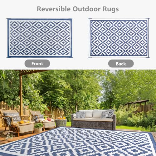 WILDPATH 6x9 ft Outdoor Rug Waterproof, Plastic Straw Patio Carpet - UV Resistant Reversible Indoor Outdoor Rugs for Porch, Camping, Poolside, RV, Balcony, Easy to Clean, Blue and White - Image 4
