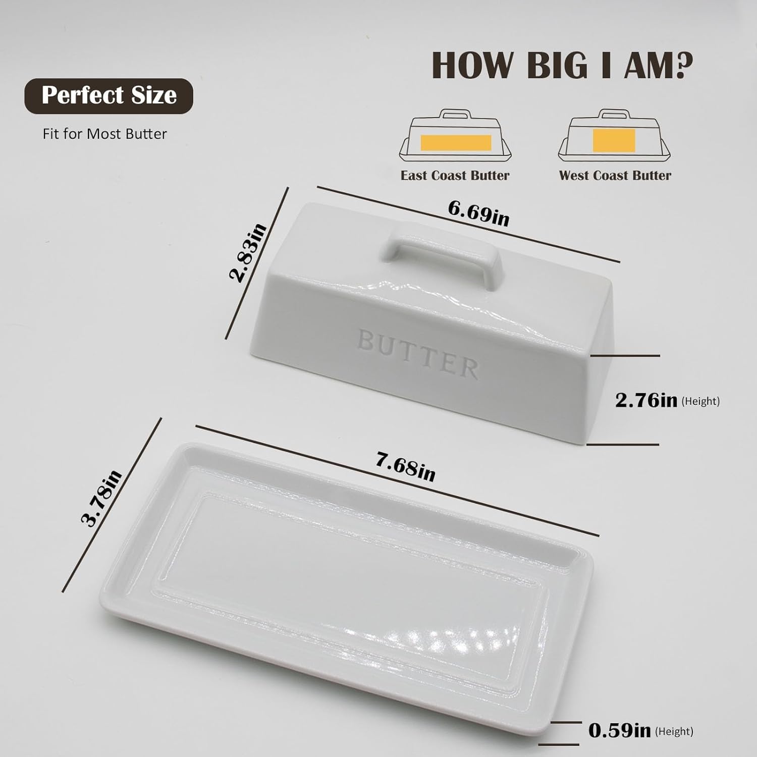 ceramic butter dish with lid for countertop, covered butter holder with lid, white butter container, butter tray with handle