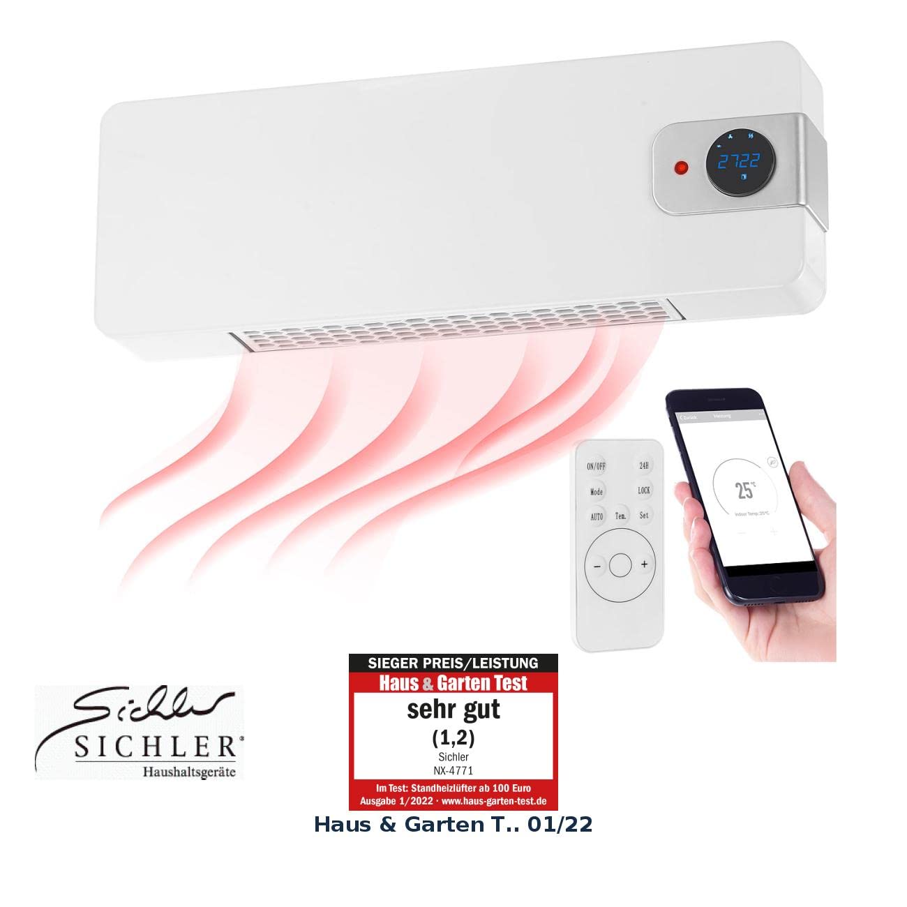 Sichler Haushaltsgeräte Heizung WLAN: WLAN-Keramik-Wandheizlüfter, LED-Display, 2.000 W, Versandrückläufer (Heizlüfter Apps, Heizlüfter Smart, Tablet Halterung)