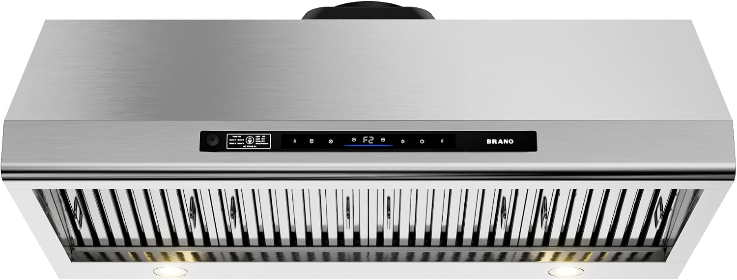 BRANO Under Cabinet Range Hood 48 Inch, 1400 CFM DC Motor Kitchen Hood with 6 Speeds Fan, Stainless Steel Ducted Vent Hood with Voice/Gesture/Touch Control