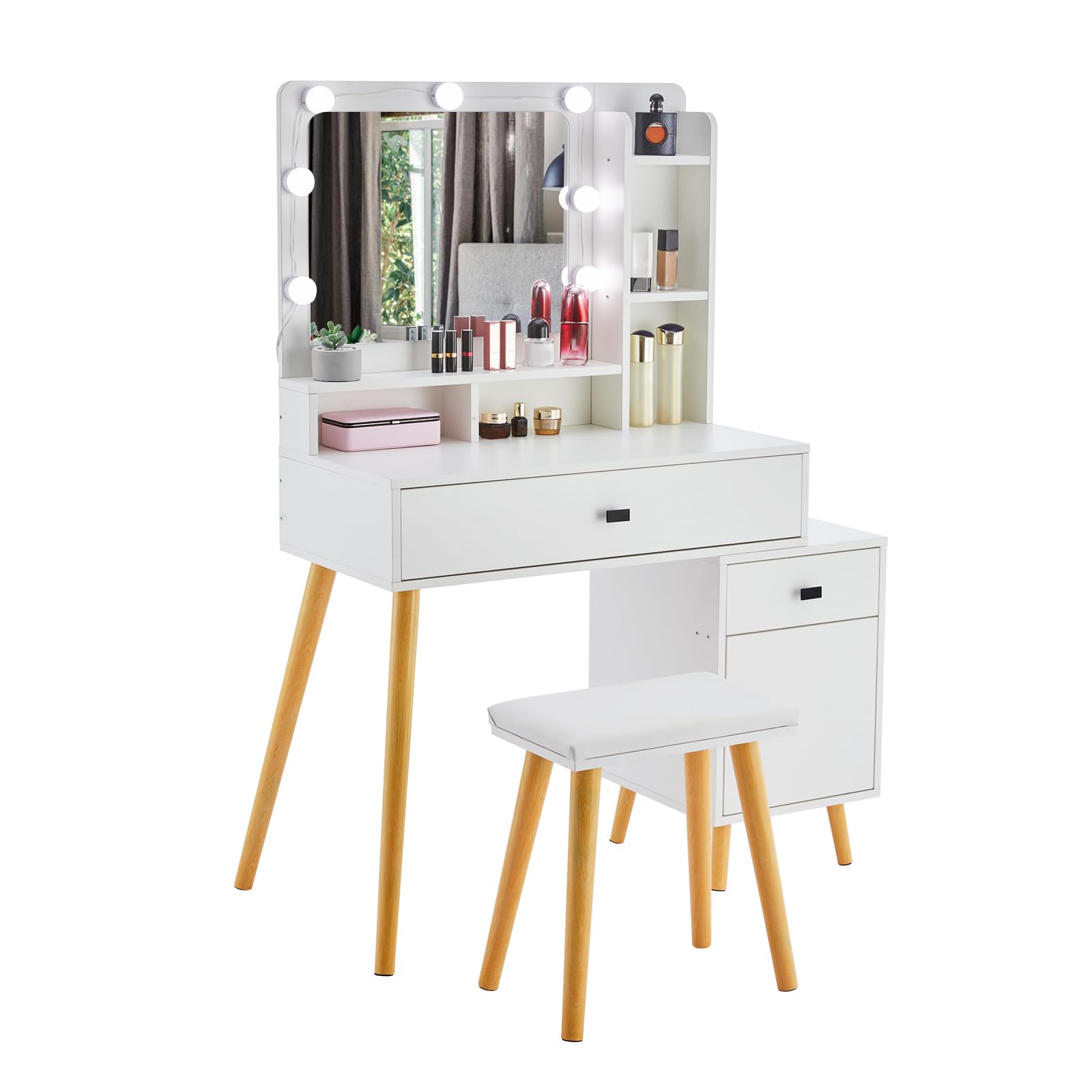 Tocador blanco con espejo LED Hollywood para dormitorio, organizador de mesa de maquillaje con 6 estantes abiertos, 2 cajones, 1 armario y taburete para mujeres y niñas