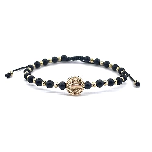 St Benedict Coin and Natural Round Black Onix Beads Adjustable Bracelet for Women (Black Onix)