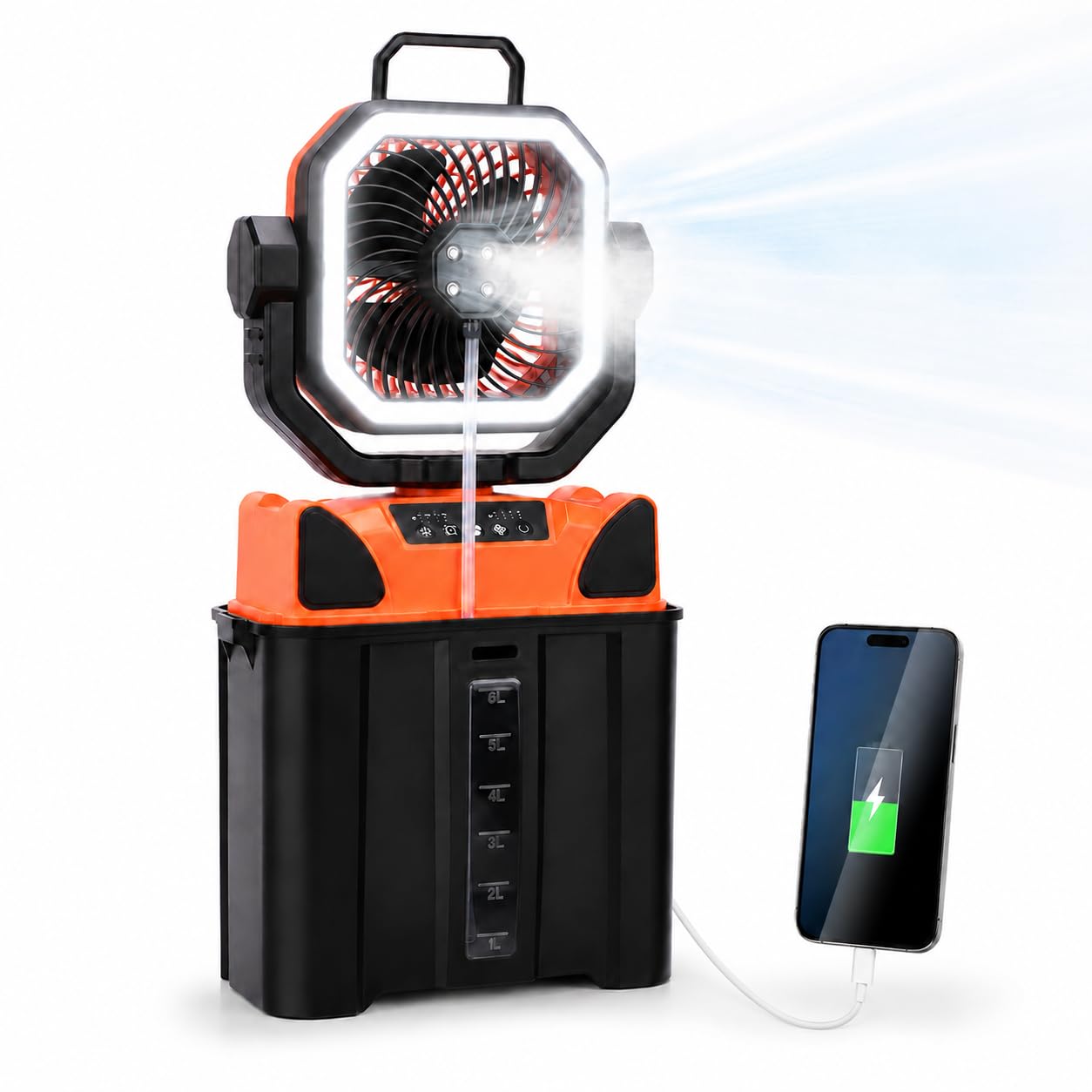 Elprico 3 in 1 Ventilateur de Camping Rechargeable, Ventilateur Brumisateur Portable 6 L avec Lumière LED, Télécommande, alimenté par Batterie 20 000 MAh pour Tente, T
