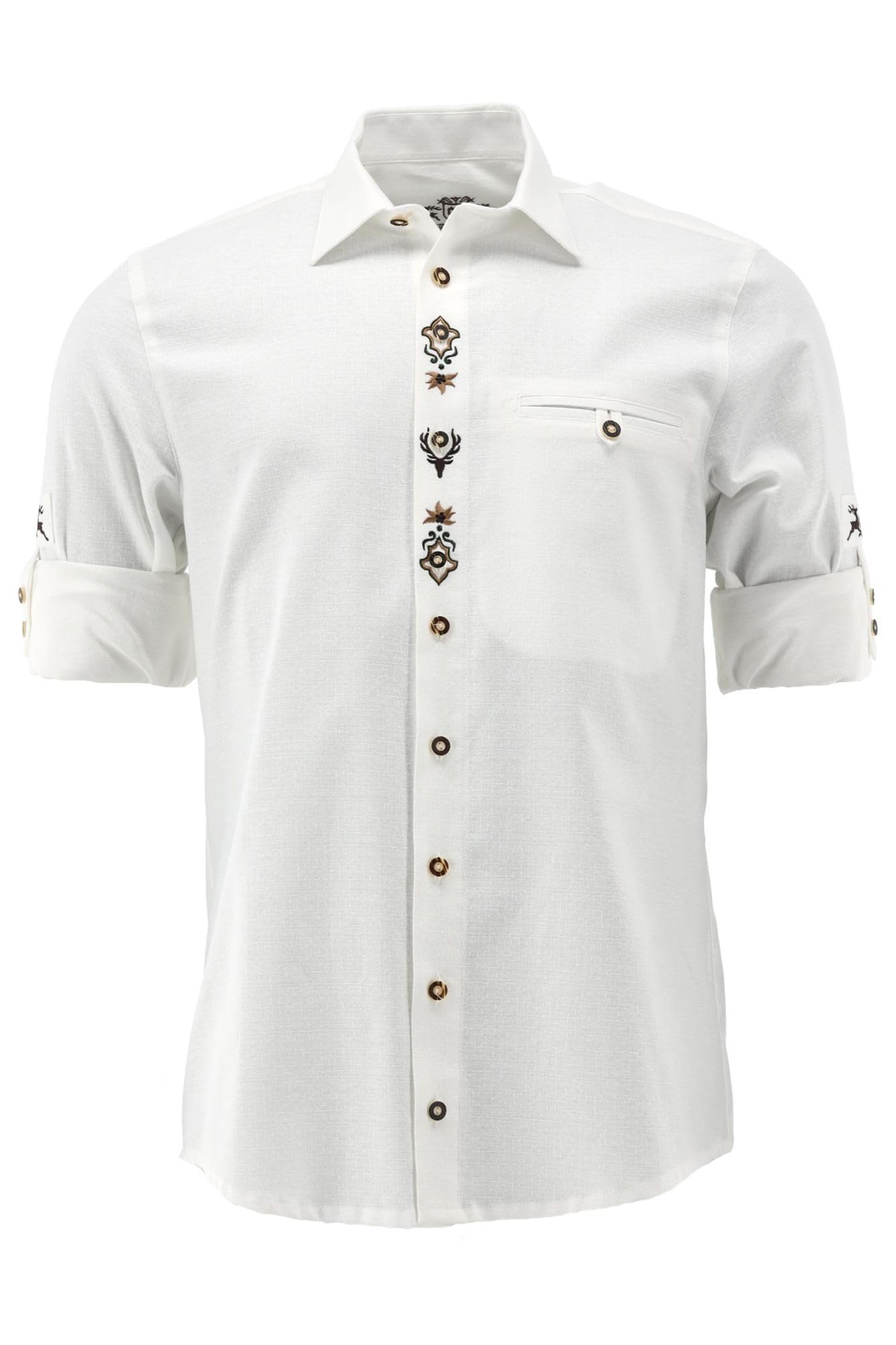 OS Trachten Molira Long Sleeve Costume Shirt with Shark Collar, White, 45-46